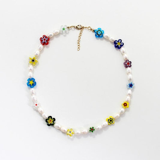 Pearl necklace glazed flower lock bone chain